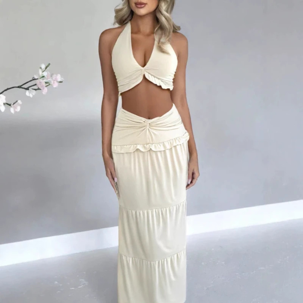 Summer Fashion Sexy Halter Neck Two Piece Set Low Waist Bodycon Long Skirt